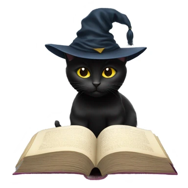 A black cat wearing a wizard hat reading a book with sticker