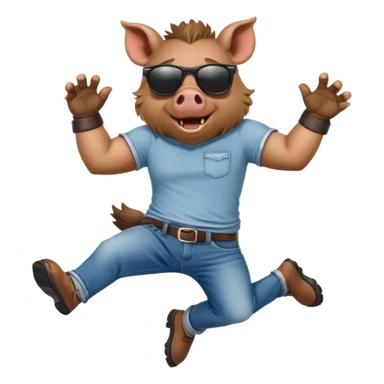 friendly anthropomorphised boar in jeans and a t-shirt, wearing dark sunglasses, jumping pose sticker