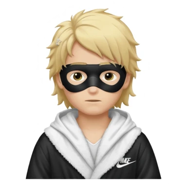 Create a blond boy with long, messy hair, light eyes, a white t-shirt, rich, with long hair, blue eyes, medium-length, voluminous hair, wearing a black Nike bathrobe and a little blush near his nose. and with a balaclava, type bandit balaclava sticker