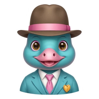 cute light blue turqiouse platypus head, smiling with big eyes with a detective hat and monocle on his eye, no  hands, looks like a platypus but blue, the hat and suit are pink sticker