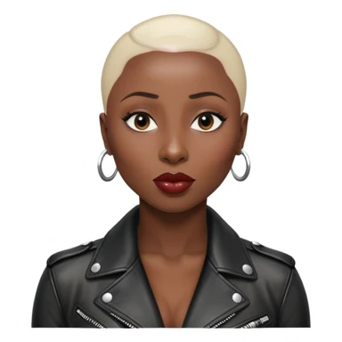 Cynthia erivo shiny black hair no eyebrows leather jacket Alluring black woman wide nose bald head big glossy lips sticker
