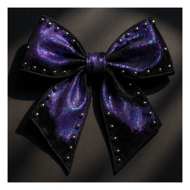 goth bow with velvet texture, holographic purple and black, silver studs, dramatic shadows, holographic effect sticker