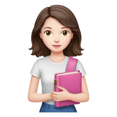 brunette woman, pale skin, shoulder-length wavy hair, white t-shirt, holding a pink Bible sticker