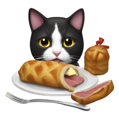 tuxedo cat eating a beef wellington  sticker