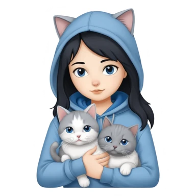 Girl with black hair wearing gray hoodie with a British shorthair blue and white cat and a long-haired blue and white cat sticker