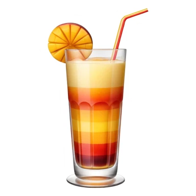 A beautiful cocktail with a gradient from red to orange, topped with mango pudding and lined with a striped straw. sticker