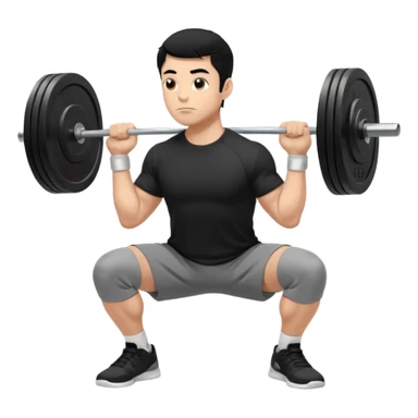 Hombre de cabello negro, tez moreno claro, vestido con playera negra, pants gris y tenis blancos tipo jordan haciendo sentadilla libre con barra con un disco de 20 kilos por lado visto de perfil  sticker