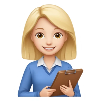 female character holding a clipboard, smiling sticker