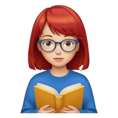 a girl with red hair and bangs with glasses wearing blue sweater reading a yellow cover book sticker