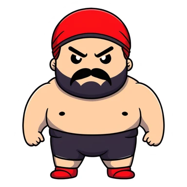 Close-up of extremely fat white skin guy with young face, prominent BLACK DURAG tied clearly on head, distinct black beard and mustache, no muscle, black eyes in a red and black wrestling singlet with angry face sticker