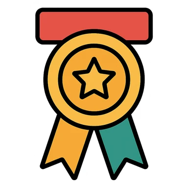 premium award badge icon with gold and colorful elements, elegant and minimalist flat design, 2D flat vector, trending icon look, soft shadows, isolated on white background, no text, perfect for commercial use sticker