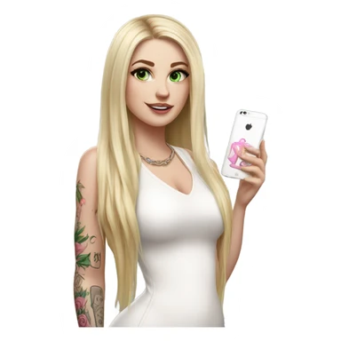 Realistic White girl with Long straight blonde hair, green eyes, tattoos, full body wearing white dress and pink knee-high leather boots, doing cute selfie pose sticker