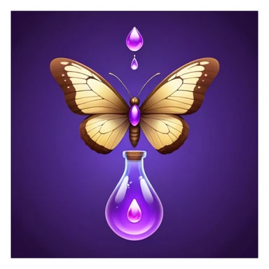 Small brown bottle floating with dim light, with a purple drop suspended in the air, slowly spinning in front of a luminous butterfly representing the thyroid sticker