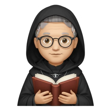 Monk priest prayer black habit with hood round black glasses done light brown wavy hair under hood remove the medallion smaller more round glassed age 46 no necklace more oval face hand holding book that says RB 480 top left is great add a little hair brown gray under hood  sticker