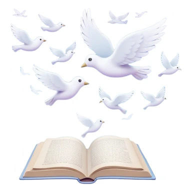 Create a dreamy, poetic emoji representing poetry. The design should feature several elegantly flying pages with short poetic columns written on them, surrounded by fluffy, soft clouds. small white silhouettes of birds should be flying out from the clouds, creating a sense of freedom and inspiration. The pages and a white feather should symbolize creativity and poetic flow. Use pastel tones like light blues, purples, and creams for the pages and background, while the clouds should be soft and ethereal. The overall design should feel whimsical, serene, and full of poetic charm. Make the background transparent. sticker