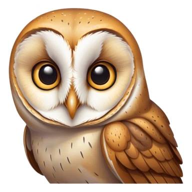 Cinematic Noble Barn Owl Portrait Emoji, Poised and regal, with a slender, graceful build and a striking mottled plumage of whites and browns, deep-set soulful amber eyes, Simplified yet sharp and sophisticated features, highly detailed, glowing with a soft, dignified glow, high shine, intelligent and mysterious, stylized with an air of nocturnal wisdom, focused and attentive, soft glowing outline, capturing the essence of a watchful and confident fowl, so majestic it feels as though it could silently glide out of the screen with effortless authority! sticker