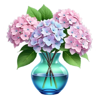 Hyperrealistic, 3D rendering, still life, smooth, clean thin lines, 8k,  pale pink, and white lush Hydrangeas with vivid leaves in blue crystal translucent glass vase, on dark wood stained table sticker