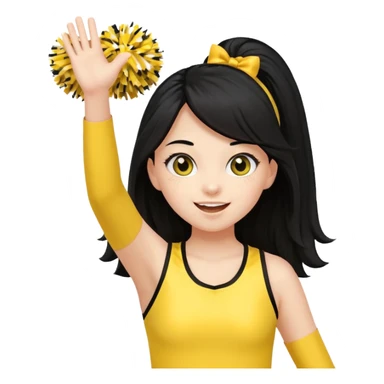 A long black hair teen girl waving pom-poms, eyes sparkling with excitement, yellow cheer leader top sticker