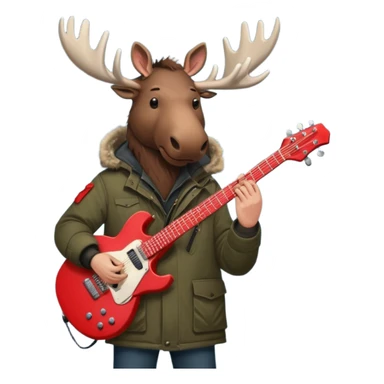  A man with the head of a moose playing a red electric guitar in Alaska. Give him a dark vibe and an attitude sticker