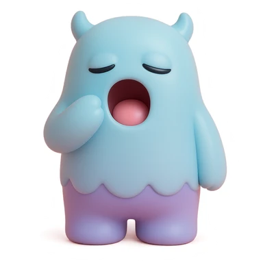 sleepy monster with half-closed eyes yawning, soft blue and lavender colors, toy-like vinyl figure style sticker