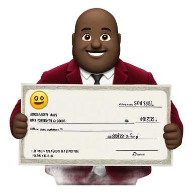 fat guy in dark red velvet suit holding cheque sticker