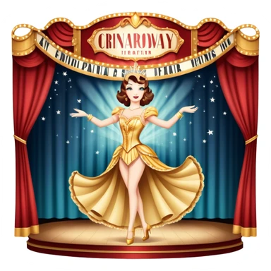 Icon for Broadway Musical: A vintage theater poster-style design featuring a grand stage with bright lights, a shining spotlight, and a glamorous performer in a dazzling costume. Include elements like musical notes, curtains, and Broadway signage. Retro cinematic style. Transparent background. sticker