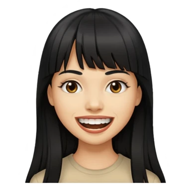 Woman a little tan with long black hairs and bangs, appearing teeth sticker