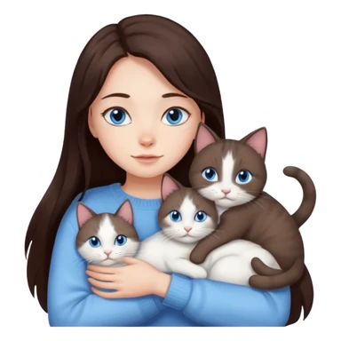 a girl with long dark 
brown hair, with blue eyes, in a
white sweater, hugs 3 different natural coloured cats sticker