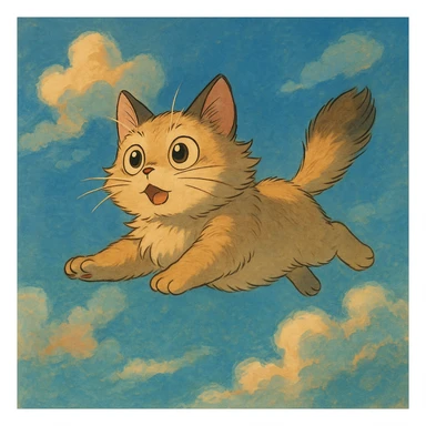 flying cat with expressive eyes in a dreamy sky background in ghibli style sticker