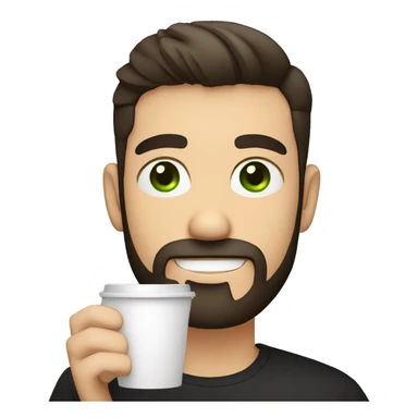 Handsome man with dark hair, holding an cup of coffee, gradient short hair on the side, green eyes. Thin face. Black t-shirt. A little beard. sticker