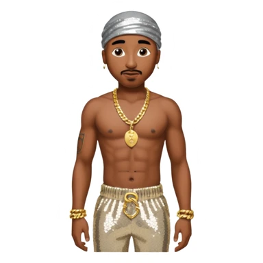 Tupac with silver sequin harem pants, shirtless with necklace sticker