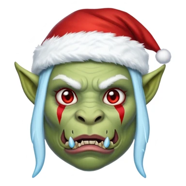 Fantasy orc emoji portrait, Santa Claus hat stretched around tusks, tusks covered with ice and crimson frost cracks, cold predator expression, winter hunt atmosphere, minimal clean emoji design, female variant
 sticker