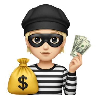 Realistic ios emoji-style portrait of a classic burglar, a black eye mask and a black-and-white striped shirt. emoji-like hair, black hat, a bag of money 💰 with a dollar sign in a right corner  sticker