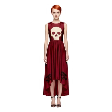 No human figures, Alexander MacQueen's Women's Skull Print Evening Dress in Oxblood, sleeveless evening dress featuring an all-over fiery red Skull print. sticker