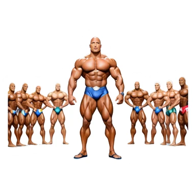 Dwayne Johnson, oiled and posing at the Mr. Universe bodybuilding championship, showcasing his muscular physique in an iconic display of strength. The background features the stage with judges and audience, capturing the intensity and prestige of the competition. Transparent background. sticker