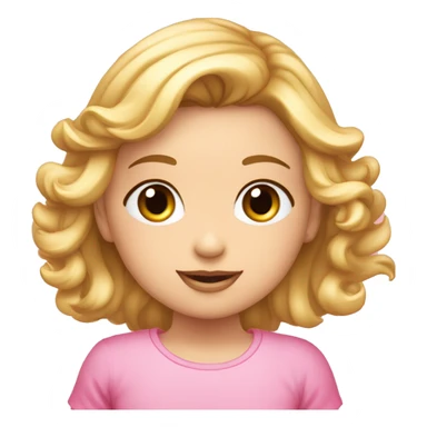 Niña rubia con pelo rizado, coleta arriba rosa, nariz redondita y ojos marrones. Camiseta rosA. sticker