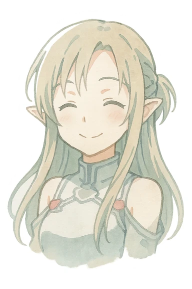 Sticker of Asuna from Sword Art Online in watercolor art style, happy expression, transparent background, inspired by the reference image. sticker