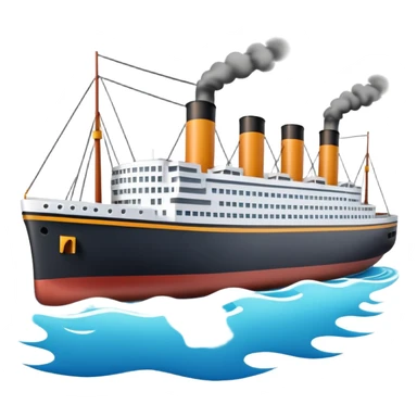 A miniature 3D Titanic ship emoji in Apple style, small and compact with smooth glossy surface, bright clean colors, simplified but recognizable details like smokestacks and windows, no facial features, floating on calm ocean, soft shadows, high-quality render, isolated on white background.



 sticker