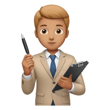 a person holding a checklist and pen, wearing smart casual clothing. The character is in a focused pose sticker