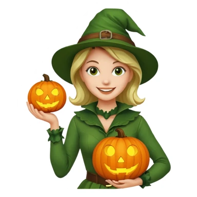 Woman Hunter With Jack o Lantern, wearing green costume sticker