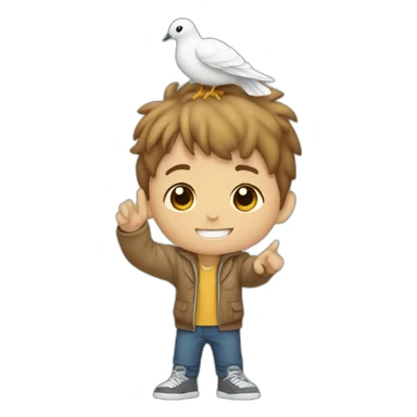 boy with a dove on top of his head and having peace sign hand and only the head of the boy sticker