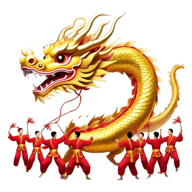 Cinematic Realistic scene of a Chinese Dragon Dance featuring performers energetically holding a vibrant dragon model aloft, with intricately detailed scales and dynamic flowing costumes, illuminated by festive red and gold lighting that captures the spirit of celebration. sticker