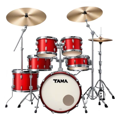Create a powerful and dynamic emoji representing a TAMA drum kit with two bass drums. The design should feature two prominent bass drums positioned in the center, with snare drums, toms, and cymbals arranged around them. Add drumsticks crossing over the drums to symbolize action and rhythm. Use bold colors like black, silver, and red to emphasize the high-performance nature of the TAMA kit. The background should be transparent. sticker