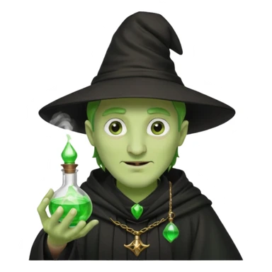 Green-skinned male wizard with a long nose, wearing a black hat and robe, holding a glowing potion bottle sticker