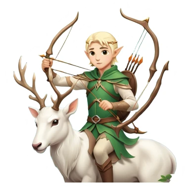 clash-of-clans-aesthetic-blond-male elf-archer-portrait-emoji, rendered in a flat, vector-style with minimal shading and bold holding his bow, simplified shapes, head tilted slightly forward with a determined, focused expression, riding a majestic white stag whose antlers glow with mystical energy, set against an ancient, enchanted forest backdrop. sticker