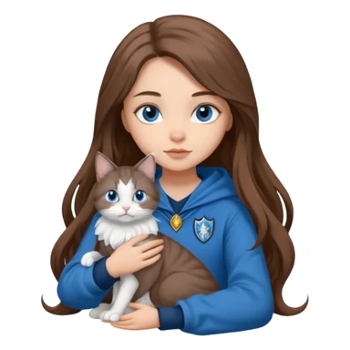 gorgeous Girl with light skin, blue eyes, long brown hair, wears a ravenclaw outfit, with a grey and white cat holding in her arms sticker