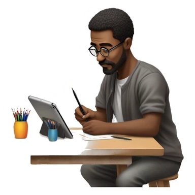 👨‍🎨📱✍️ A creative man is focused, drawing on an iPad with a stylus. He has a look of concentration on his face, using the iPad placed on a table. The background is bright, with art tools like brushes and pencils around him. 🎨 sticker