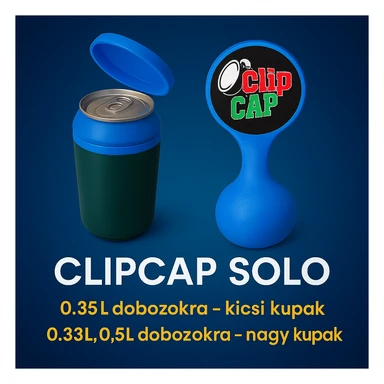A kupakokat színezd át kékre. A CLIPCAP DUO felírat helyett CLIPCAP SOLO felírat legyen, a "kicsi és nagy kupak a csomagban" szöveg helyett "0.25L dobozokra - kicsi kupak" és a "0.33L,0.5L dobozokra - nagy kupak" külön sorban. A 0.25L, a 0.33L, a 0.5L-t ponttal írd! sticker