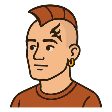 flat toon style head of a white man with mohawk, earring, and head tattoo sticker