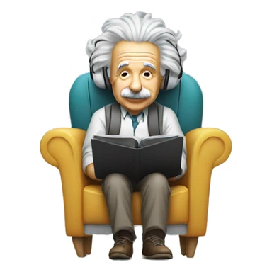 albert einstein happy listening music with wireless headphones while sitting on the chair sticker